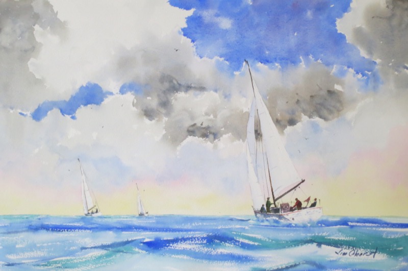 seascape, ocean, sea, sailboat, sky, race, blue water, boat, sailboat, original watercolor painting, oberst